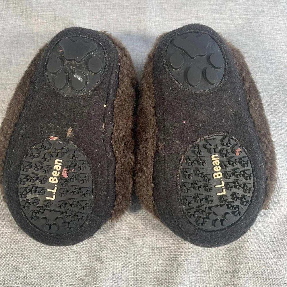 LL Bean Toddler Bear Slippers Size 7-8 Brown Fuzzy Warm Cozy